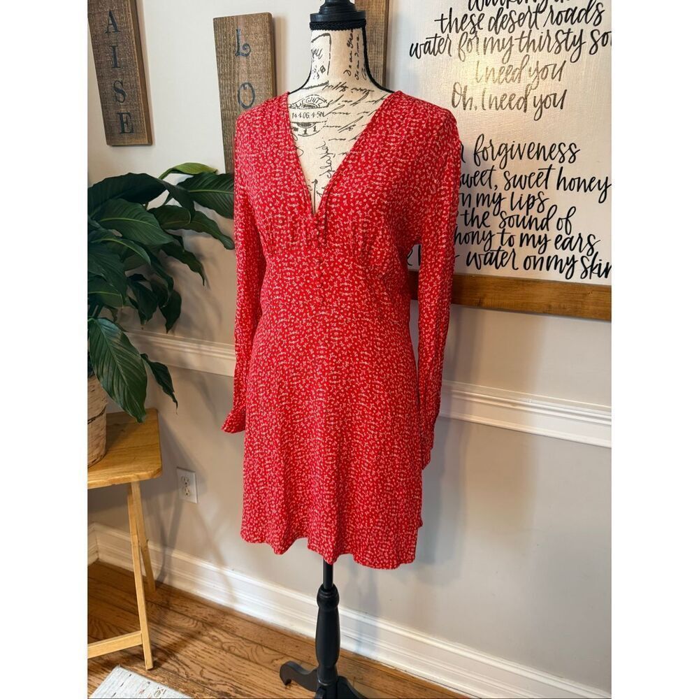 FRNCH Women's Ditsy Floral Long Sleeve Mini Amelie Dress Red White Size Large